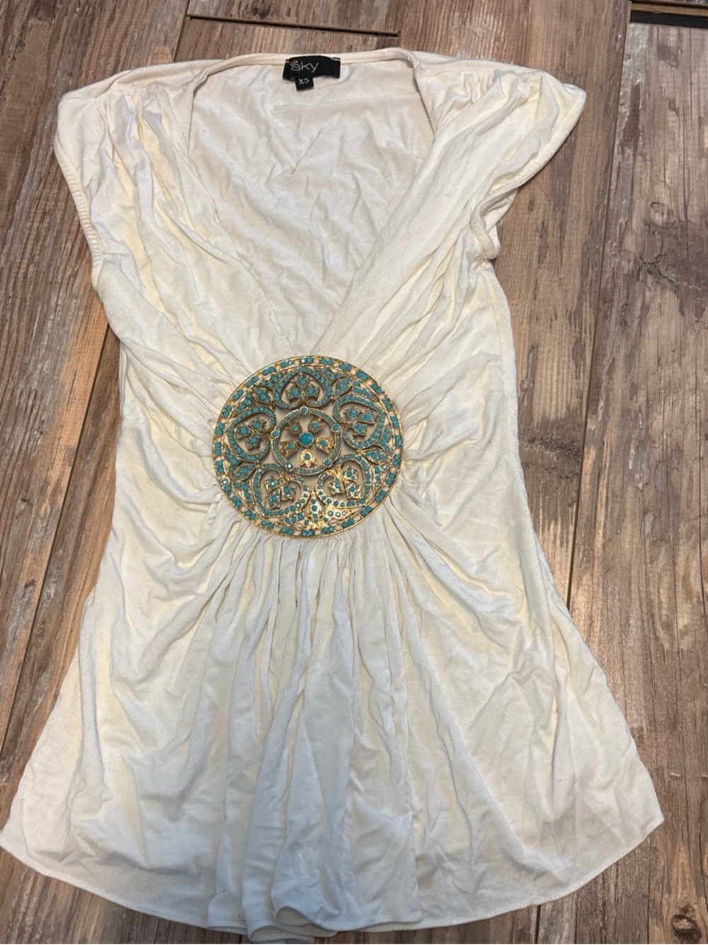 Sky Cream Tank with Gold and Turquoise Medallion
